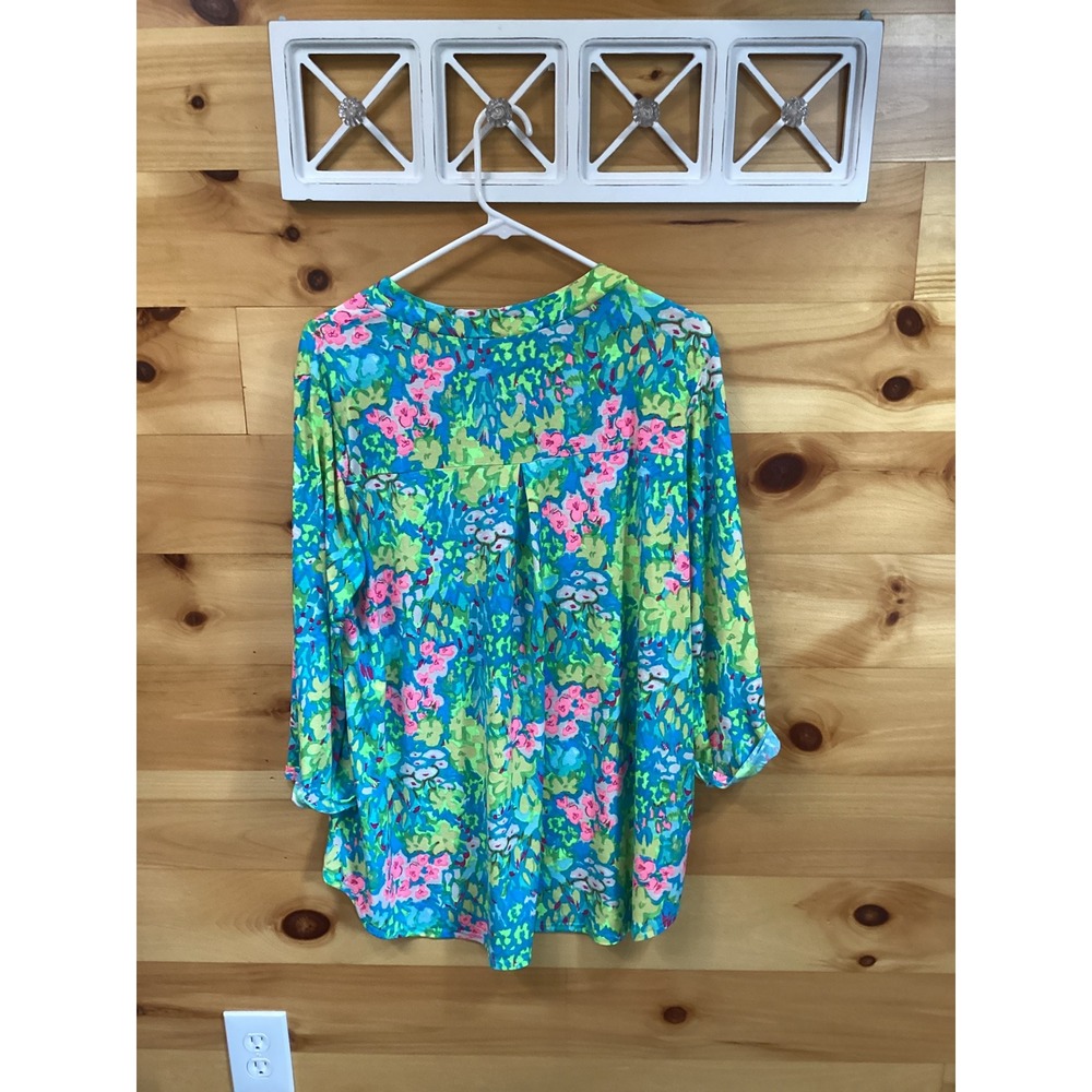 Dear Scarlett Lizzy-56 Floral V-Neck Roll Tab Sleeve Blouse Blue Pink Green L - Picture 3 of 7